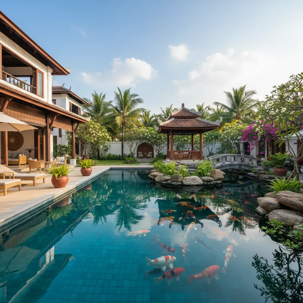 Biệt thự có bể bơi và sân vườn hồ cá Koi