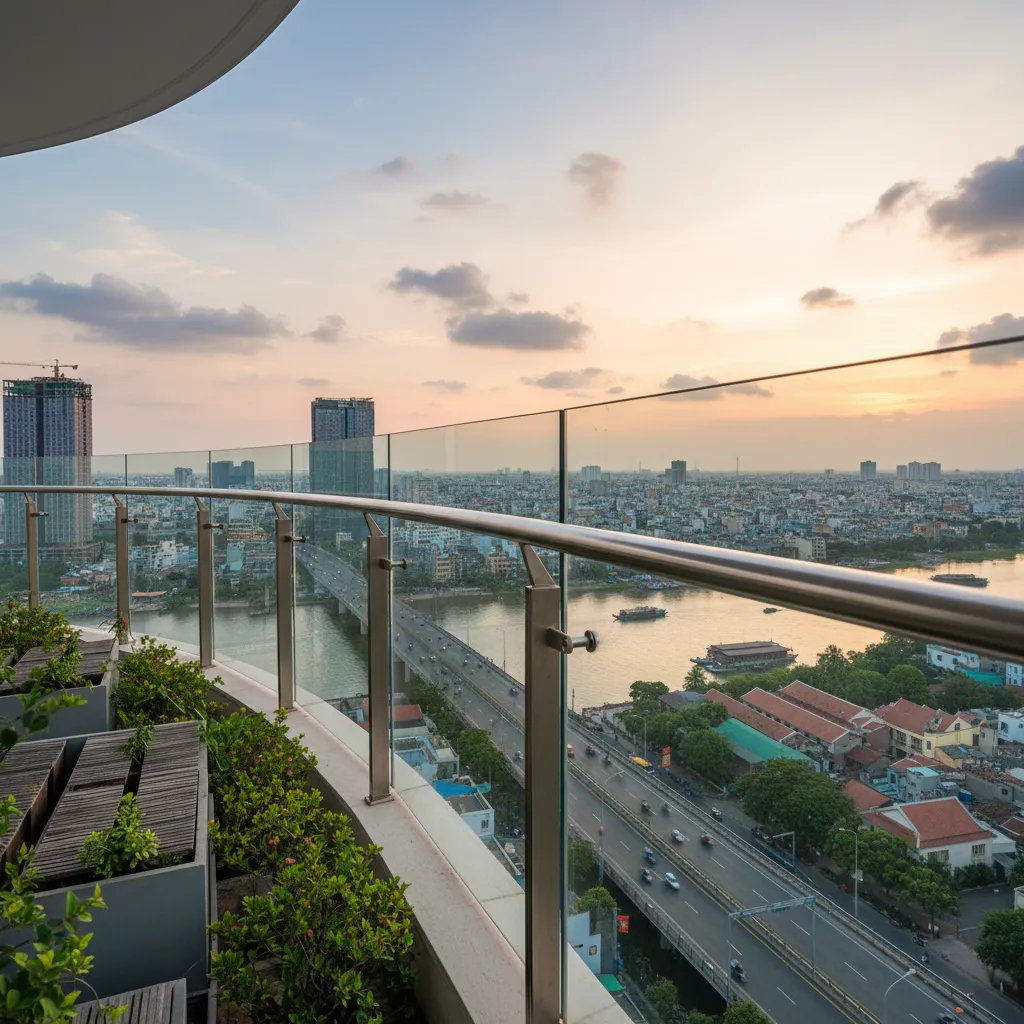 Lan can kính dán an toàn hai lớp cho ban công cao tầng