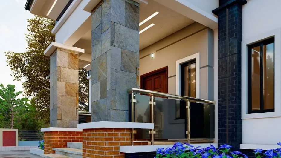 Lan can kính kết hợp chân tường ốp đá