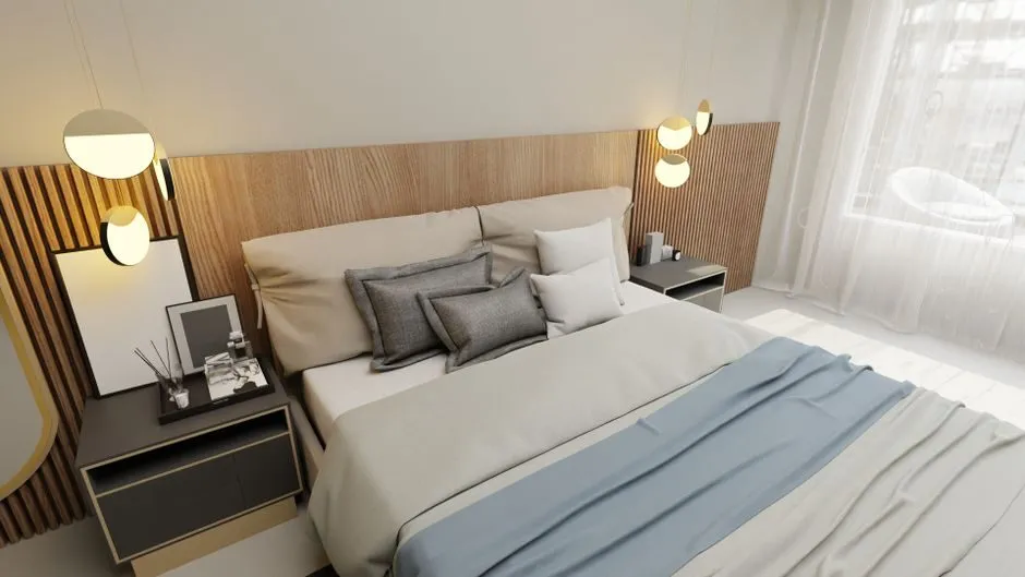 mẫu trần thạch cao kết hợp ốp gỗ ấm áp cho phòng ngủ