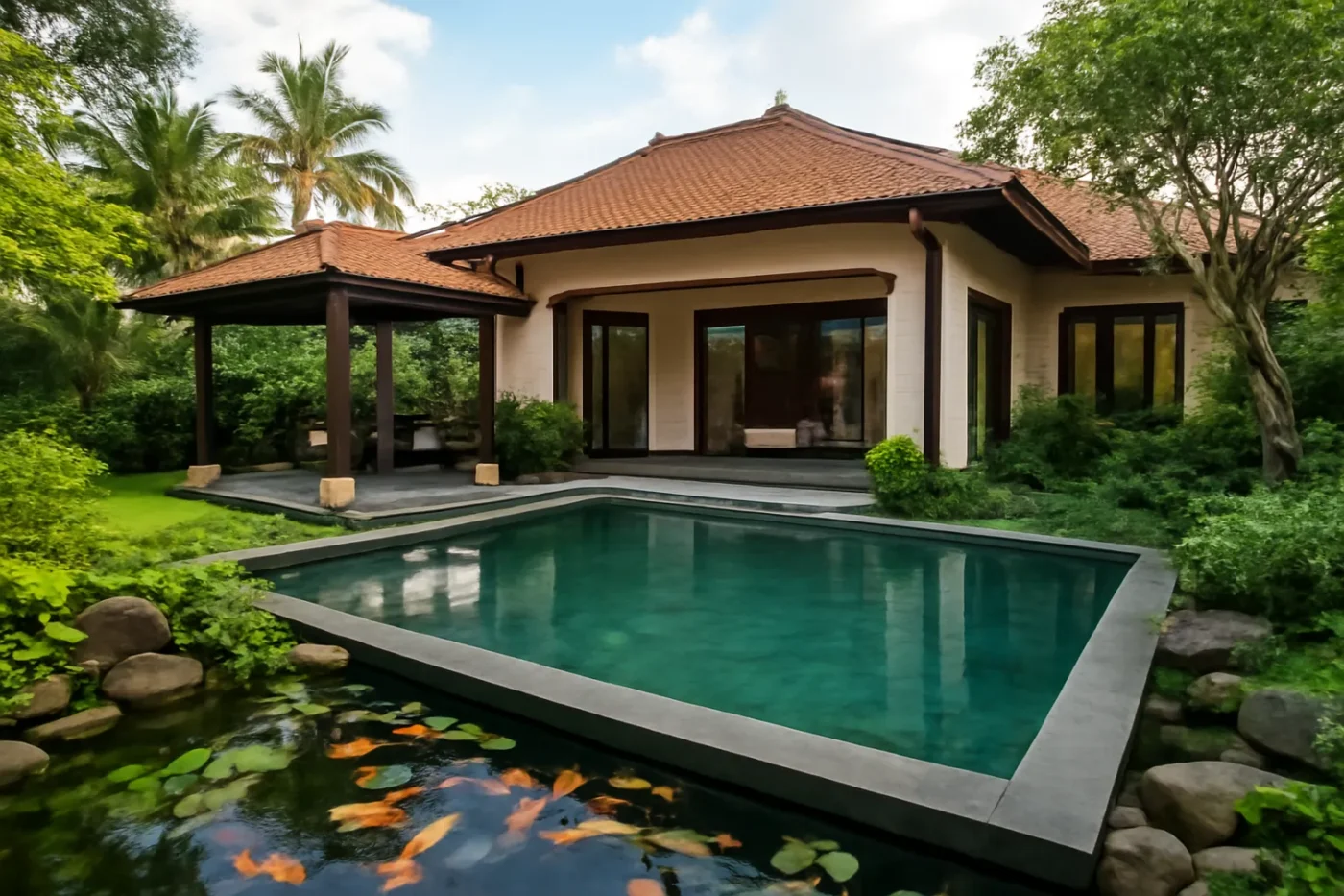 Biệt thự kèm bể bơi và sân vườn hồ cá Koi đẹp mắt